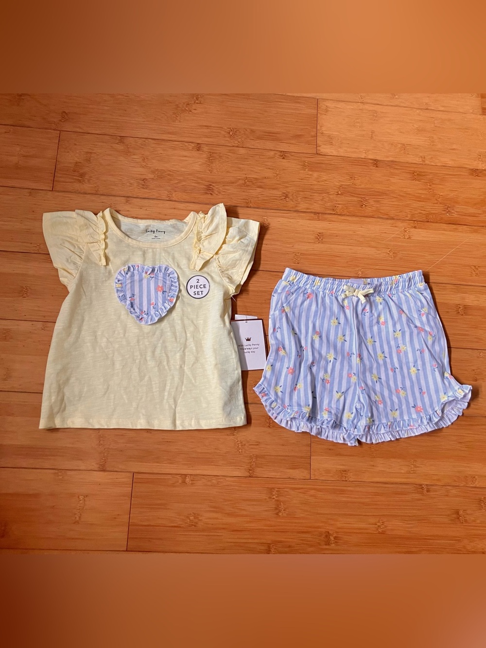 NWT Girls Size 6X Yellow & Blue Striped Outfit - Flutter Sleeve Top & Shorts Set